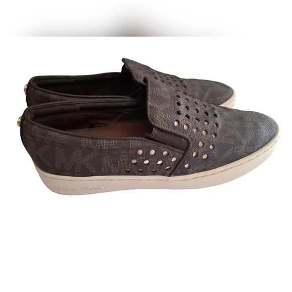 MK Michael KORS Keaton loafer shoes flats slip on laser cut out brown gold 6.5 - Picture 3 of 10